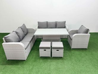 Fimous 9 Seater Poly Rattan Outdoor Garden Furniture Adjustable Lifting Dining or Coffee Table Sofa Set Patio 3 Seater Sofa Reclining Chair 3 Seater