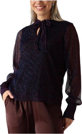 Freebird by Steven Metallic Blauwe Blouse met Roze Streep - Dames - Blouses - Blauw - XS - Polyester - Overhemden