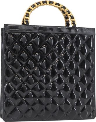 Chanel Chocolate Bar Tote Leather Black Patent_Leather Handbag (Pre-Owned)