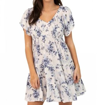 Angie V Neck Smocked Bust Short Sleeve Floral Print Dress In Ivory Multi