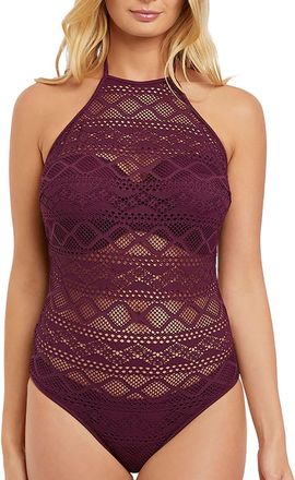 Freya Womens Ladies Crochet Design Sundance High Neck Swimsuit - Purple, Size: 30D Polyamide - Size 30D