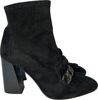Stuart Weitzman Suede Chain-Link Accents Ankle Boots in Black Suede