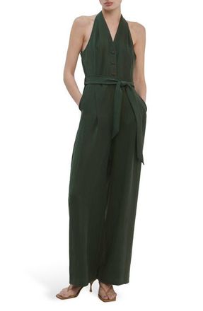 Mango Halter Neck Belted Jumpsuit in Khaki Green at Nordstrom, Size Medium