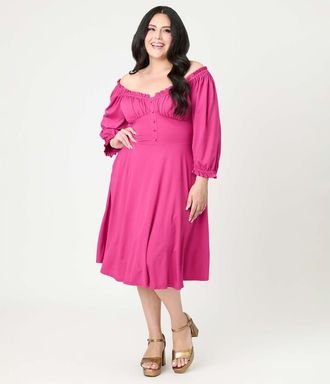 Unique Vintage Plus Size Peasant Sleeve Swing Dress in Pink Solid at Nordstrom, Size 2X