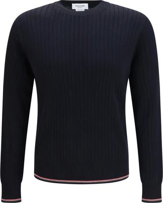 Thom Browne Crewneck Katoenen Gebreide Trui Met 4-Strepen Detail - Heren - Truien - Blauw - Maat: XL Katoen