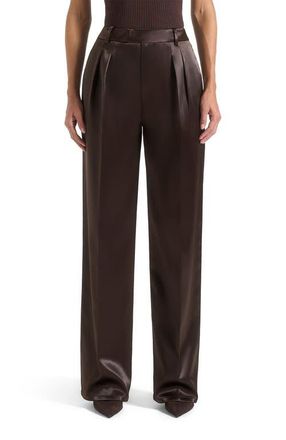 Mani&egrave;re De Voir Julie Satin Tailored Twin Pleat Trousers in Brown at Nordstrom, Size 8
