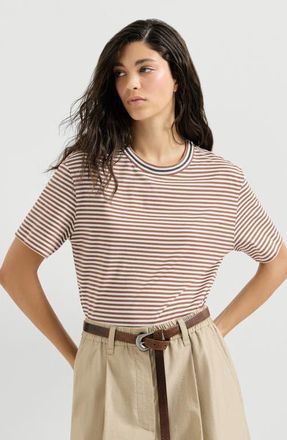 Brunello Cucinelli Striped cotton jersey t-shirt with precious neckline in Light Brown at Nordstrom, Size Xxx-Large