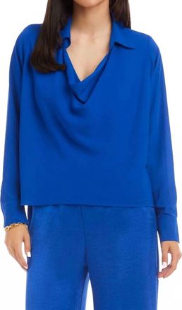 Karen Kane Long Sleeve Collared Cowl Neck Top In Sapphire Blue