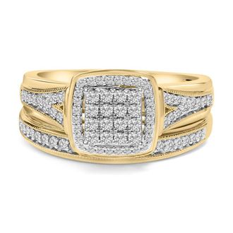 House of Brilliance 14K Yellow Gold Plated Sterling Silver 1/2 Cttw Diamond Square Cluster Bridal Set