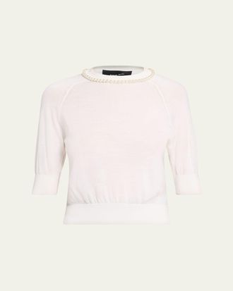 Simone Rocha Pearly Embellished Merino Wool Short-Sleeve Sweater
