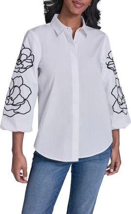 Karl Lagerfeld Floral Puff Sleeve Shirt in White at Nordstrom, Size X-Small