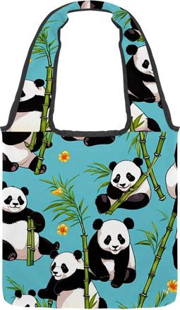 Generic Cute Panda on Blue Reversible Canvas Shoulder Tote - Double-Sided Print, 12oz Cotton, 27cm Drop, Fold-Flat Bag for Travel, Shopping, Street Outings