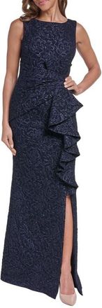 Eliza J Metallic Floral Jacquard Cascade Ruffle Gown in Navy at Nordstrom, Size 12