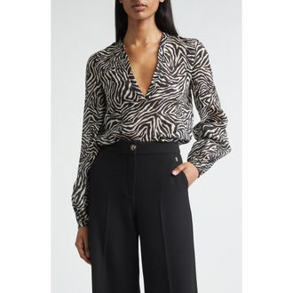 St. John Kathleen Zebra Print Voile V-Neck Tunic in Black/linen at Nordstrom, Size 12