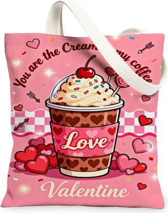 Generic ValentineS Day Canvas Tote Bag, Cute Love Hearts Coffee Design Reusable Shopping Bags, Lightweight Washable Cotton Bags Fo, Peach, 13x15 Inch