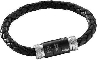 Police VEGAS Black Leather Bracelet - Silver - One Size