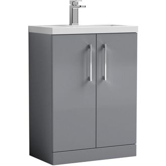 Nuie Nuie Arno Compact Floor Standing 2-Door Vanity Unit with Ceramic Basin 600mm Wide - Satin Grey