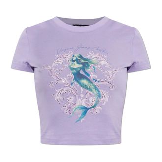 Versace Jeans Couture T-Shirts, female, Purple, Size: XS Printed Embellished Cotton-Jersey T-Shirt