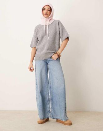 Gina Tricot Gina Tricot short sleeve knitted oversized sweater in gray melange