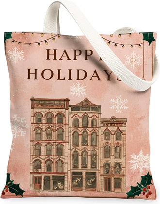 Generic Holiday Vintage Building Canvas Tote Bags, Festive Architecture Reusable Grocery Bags, Winter Rustic Lightweight Washable S, Peach, 13x15 Inch