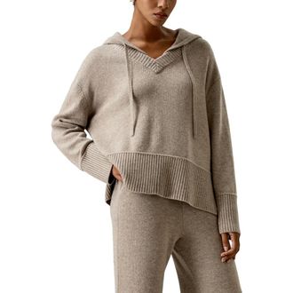 LilySilk V Neck Wool-Cashmere Blend Hoodie for Women in Camel at Nordstrom, Size X-Large