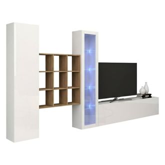 Dmora Dmora - Pared Equipada Dcolle, Conjunto De Sal&oacute;n Mueble De Tv Con 3 Puertas, Mueble De Sal&oacute;n Polivalente Con Vitrina Y Luz Led, 100% Made In Italy, Cm