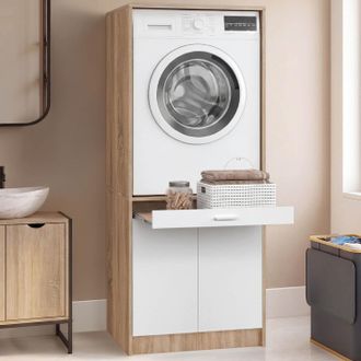 IDMarket Mueble Elevador Para Lavadora O Secadora Wallis Con Bandeja Deslizante Para La Cesta De La Ropa Y Armario En Madera Y Blanco