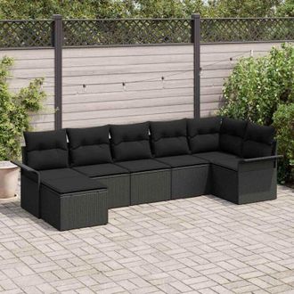 vidaXL Vidaxl - Conjunto De Sof&aacute; De Jard&iacute;n Con Coj&iacute;n 7 Pcs Negro Polirat&aacute;n