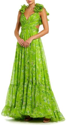 Mac Duggal Tiered Floral Cut-Out Chiffon Gown in Sage Multi at Nordstrom, Size 10