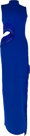 Galvan London Nova Beaded Fringed Cutout Maxi Dress in Blue Viscose