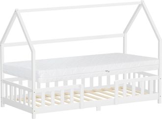 ML Design Ml-design Cama Infantil 90x200cm Blanco Forma De Casa Con Colch&oacute;n Al:16cm, Protecci&oacute;n Antica&iacute;da, Techo Y Somier, De Madera Maciza De Pino, Lecho Doble