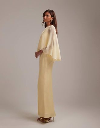 Asos Vestito da cerimonia in raso color limone con mantella in chiffon trasparente con taglio sbieco-Giallo