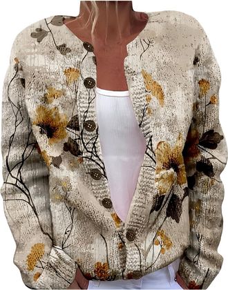 Generic Cardigan Sweaters For Women Trendy Floral Print Jumper Cardigan Open Front Button Up Sweaters Outerwear Cozy Spring Knitted Jacket Vintage Lightweight