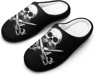 Generic Hairdresser I Will Cut You Skull Mens House Slippers Memory Foam Washable Cotton Slip on Home Shoes