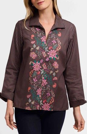 Foxcroft Agnes Floral Stripe Cotton Poplin Popover Top in Brown Multi at Nordstrom, Size X-Large
