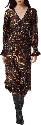 AllSaints Dannie Print Long Sleeve Midi Dress in Pardus Flame Brown at Nordstrom, Size 2 Us