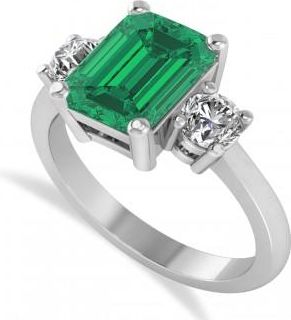Allurez Emerald & Round 3-Stone Emerald & Diamond Engagement Ring 14k White Gold (3.00ct)