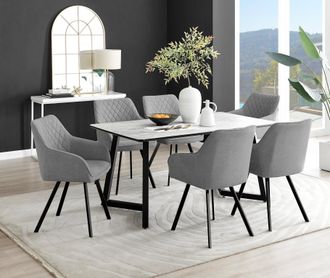 Furniturebox Carson White Marble Effect Dining Table & 6 Falun Black Leg Chairs in Dark Grey