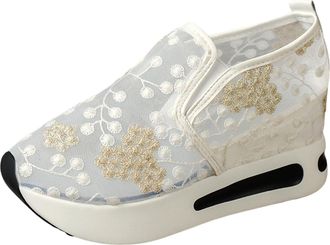 Generic Women Fashion Breathable Lace Mesh Floral Embroidery Round Toe Platform Comfortable Daily Walking Footwear (Beige, 4.5)