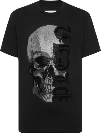 Philipp Plein Tops, Heren, Zwart, 5Xl, Katoen, T-shirt met ronde hals Gothic Plein Stones