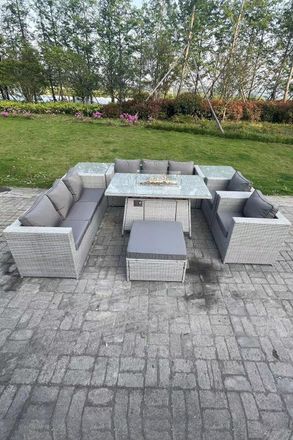 Fimous Rattan Fire Pit Garden Furniture Set Gas Heater Burner Lounge Sofa Dining Set 2 Coffee Table Chairs in Light Grey
