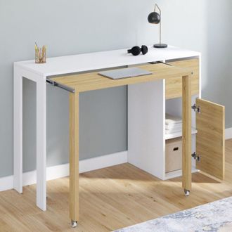 IDMarket Idmarket - Escritorio Extensible Ron Con Columna De Almacenamiento De Cajones Y Armario Blanco Y De Madera