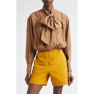 Saint Laurent Gathered Taffeta Tie Neck Top in Caramel at Nordstrom, Size 8 Us