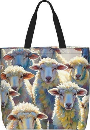 Generic Watercolor Sheeps Shopper Bag Durable Grocery Bag Lightweight Handbags For Yoga Daily Use Beach