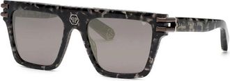 Philipp Plein Philipp Plein Sunglasses Square Full Rim, Grey Havana Frame And Smoke With Gunmetal Mirror Lens Spp108V721X