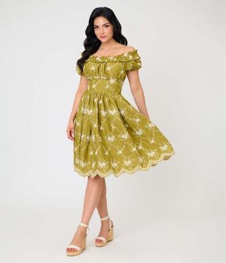 Unique Vintage 1950s Off The Shoulder Ruffle Swing Dress in Green W/Floral Print at Nordstrom, Size X-Small