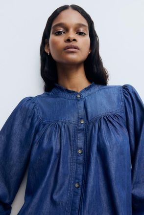 H&M Frill-trimmed Denim Blouse in Dark Denim Blue at Nordstrom, Size X-Small