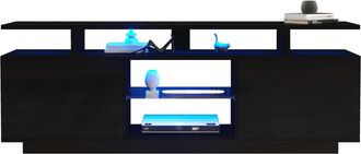 STILVORA Mueble Tv Con 2 Puertas Y 5 Huecos Y Led Controlado Por App, Frentes Brillo, 140&times;35&times;55 Cm, En Tablero, Negro