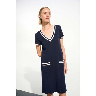 Joseph Ribkoff Viscose Knit A-Line Dress With Rib Trim in Indigo/vanilla at Nordstrom, Size X-Small