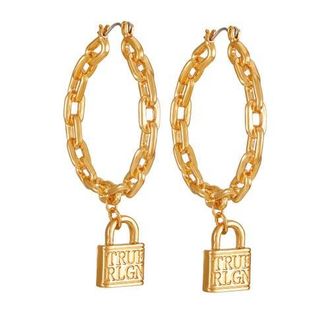 True Religion Gold Chain Hoop Earrings with Padlock Charm in Goldtone at Nordstrom